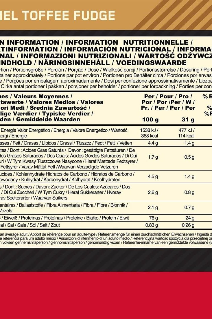 Nutritional information panel for Toffee Fudge flavor, detailing ingredients and values per serving.