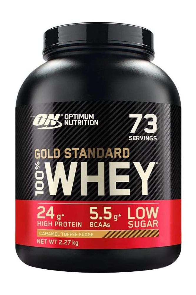 Optimum Nutrition Gold Standard 100% Whey protein tub, 24g protein, low sugar, caramel toffee fudge flavor, 2.27 kg.