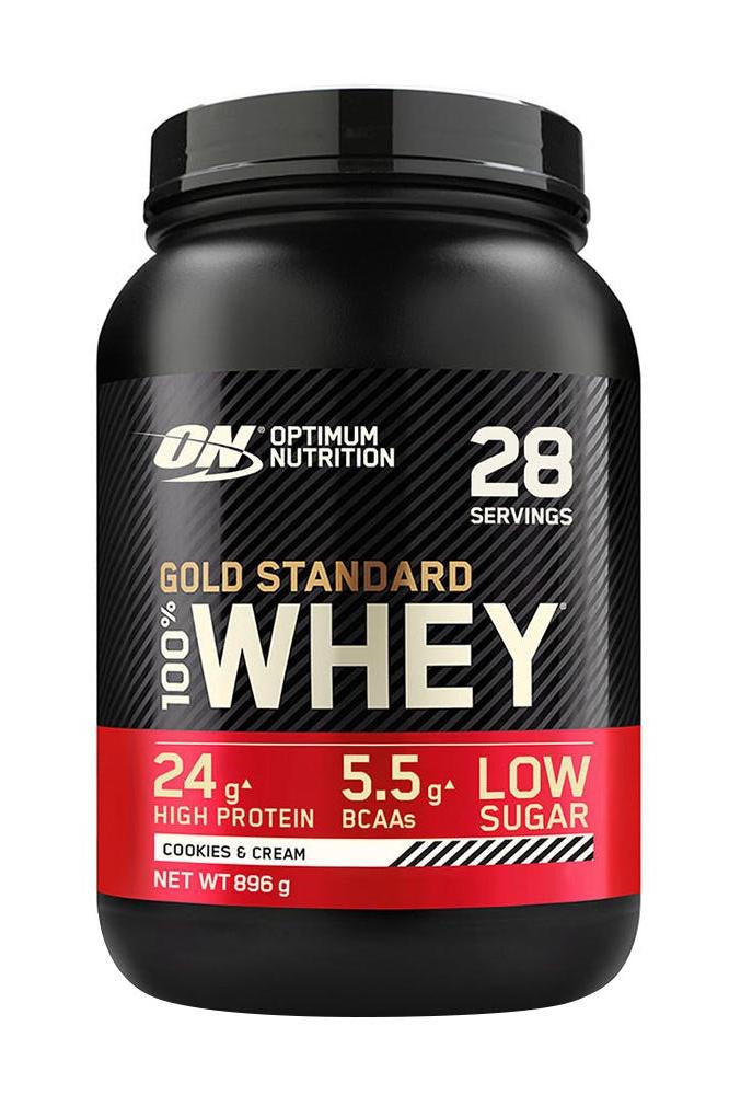 Optimum Nutrition Gold Standard 100% Whey protein powder, 24g protein per serving, cookies and cream flavor.