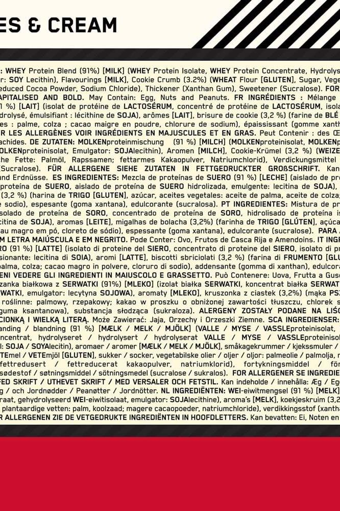 Ingredient list for Optimum Nutrition Gold Standard Whey Protein in Cookies and Cream flavor.