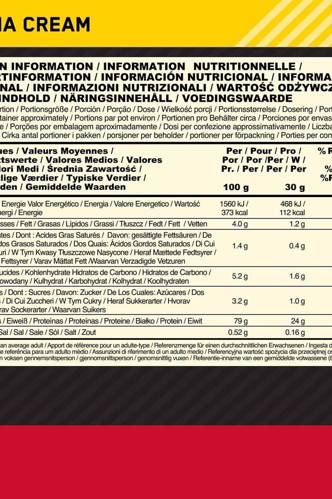 Nutrition information panel for protein cream detailing values per serving and ingredients.