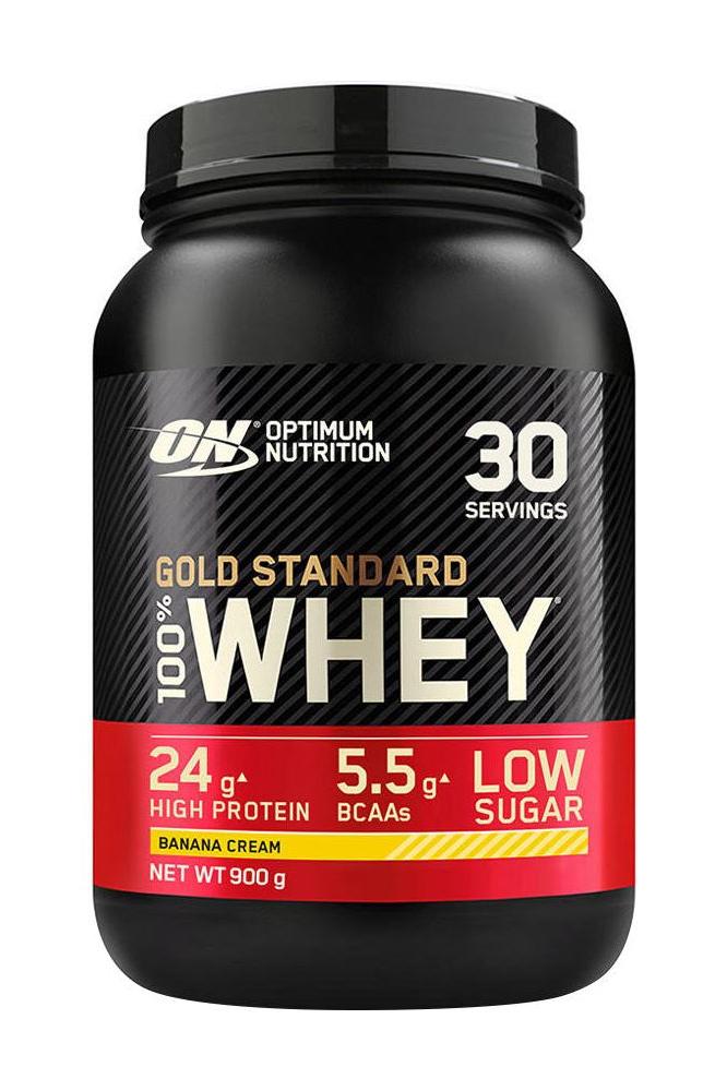 Optimum Nutrition Gold Standard 100% Whey protein powder, Banana Cream flavor, 24g protein per serving, 900g container.