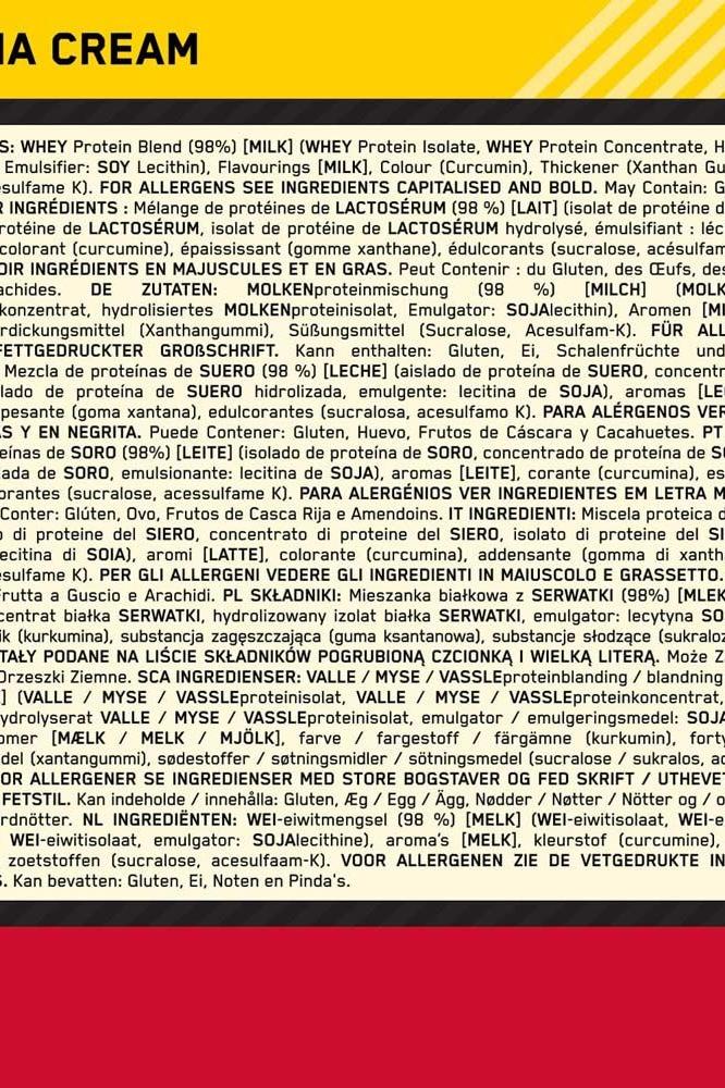 Optimum Nutrition Gold Standard Whey protein nutrition information and allergen details.