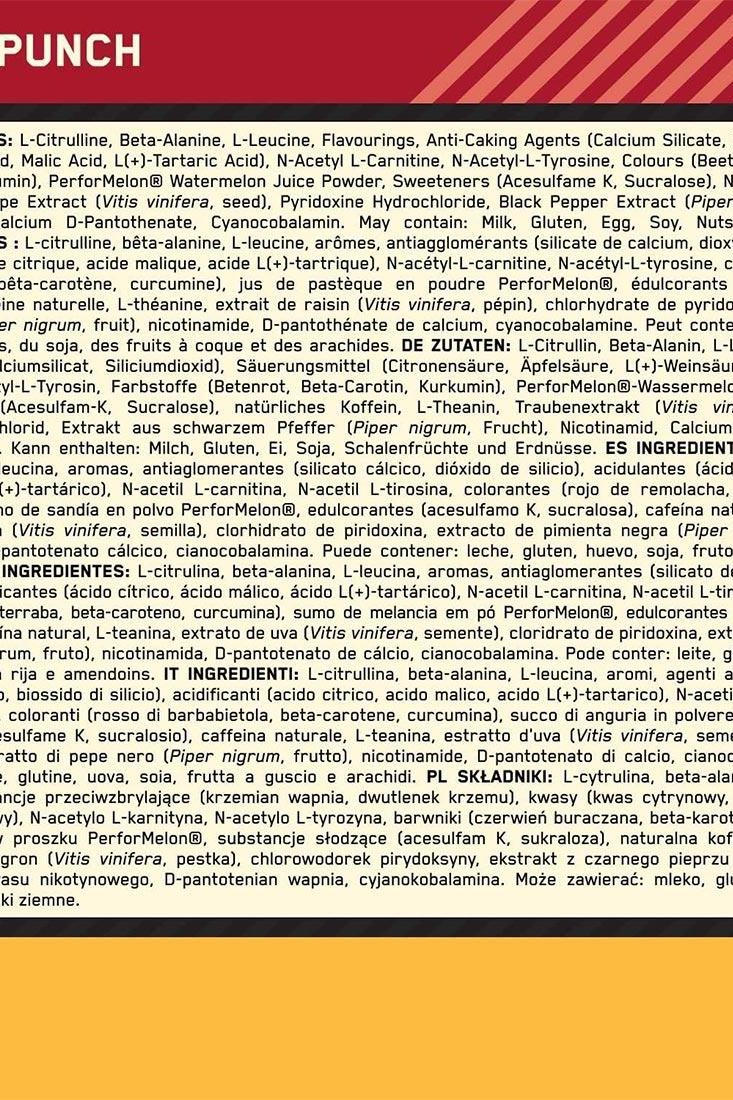 Ingredient list for Optimum Nutrition Gold Standard Pre-Workout Advanced in Fruit Punch flavor.