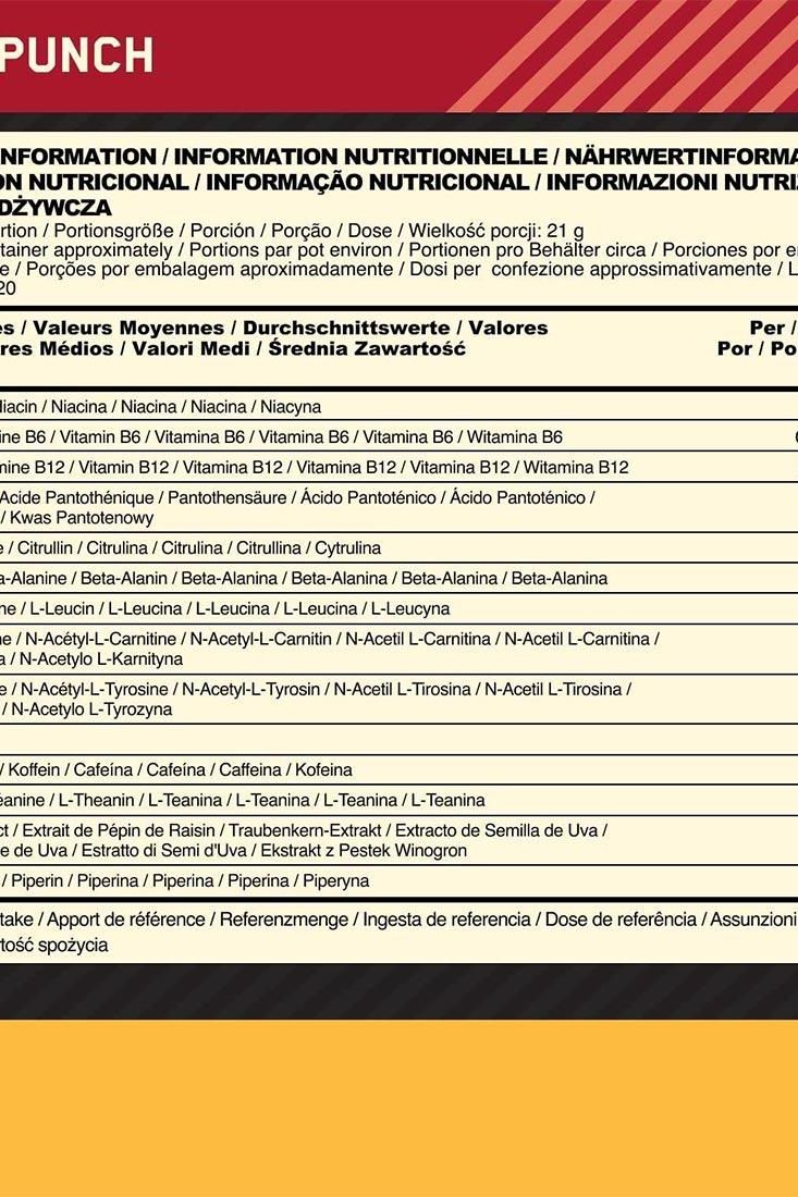 Nutritional information for Optimum Nutrition's Gold Standard Pre-Workout Advanced detailing ingredients and servings.
