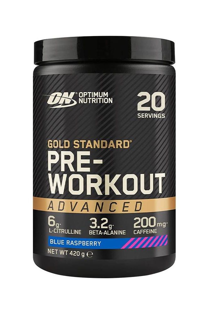 Optimum Nutrition Gold Standard Pre-Workout Advanced in Blue Raspberry, 20 servings with 200mg caffeine, 6g L-Citrulline.