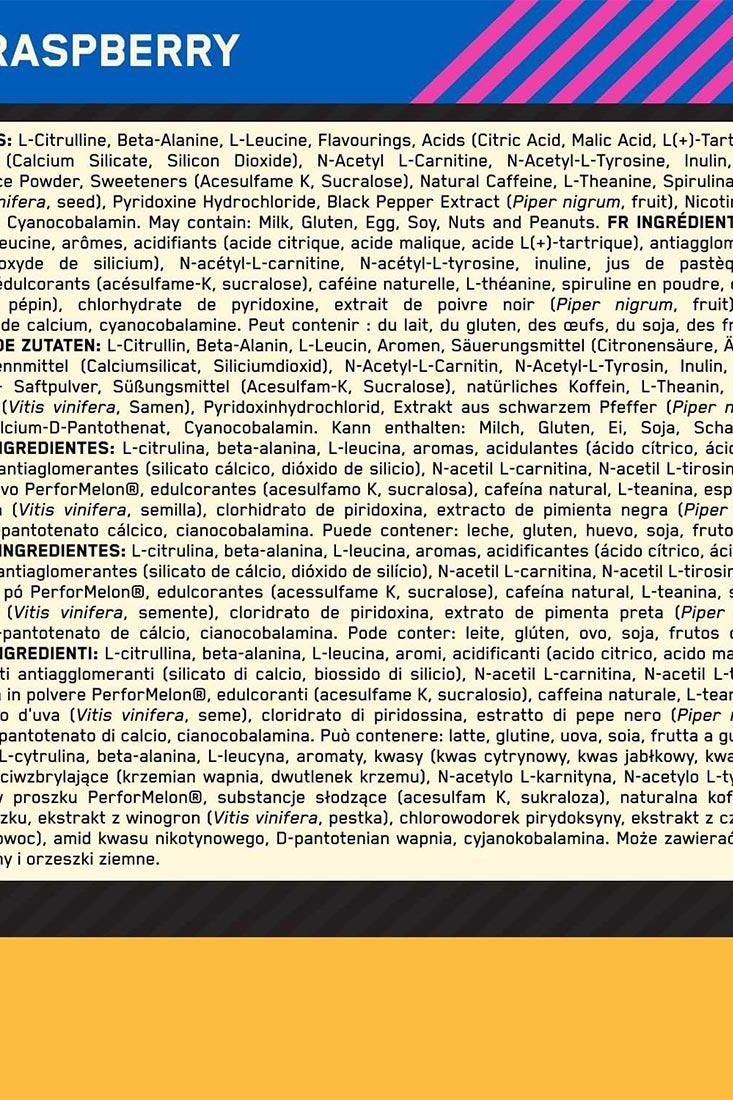 Ingredient list for Optimum Nutrition Gold Standard Pre-Workout Advanced in Raspberry flavor.