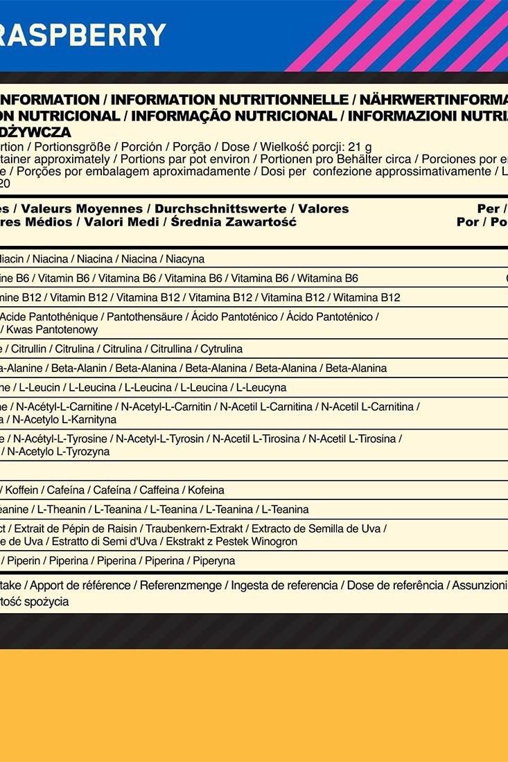 Nutritional information of Optimum Nutrition Gold Standard Pre-Workout Advanced in Raspberry flavor.