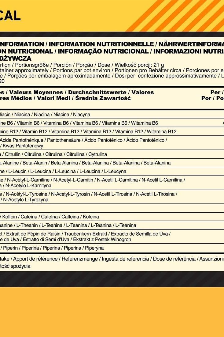 Nutritional information panel for Optimum Nutrition Gold Standard Pre-Workout Advanced with vitamins and ingredients.