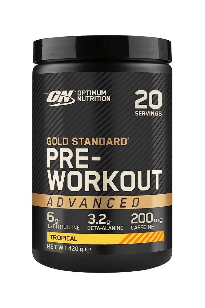 Optimum Nutrition Gold Standard Pre-Workout Advanced in a tropical flavor with 20 servings and 200 mg caffeine.