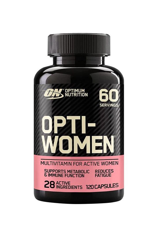 Optimum Nutrition Opti-Women multivitamin bottle, 120 capsules for active women, supports immune function and reduces fatigue.