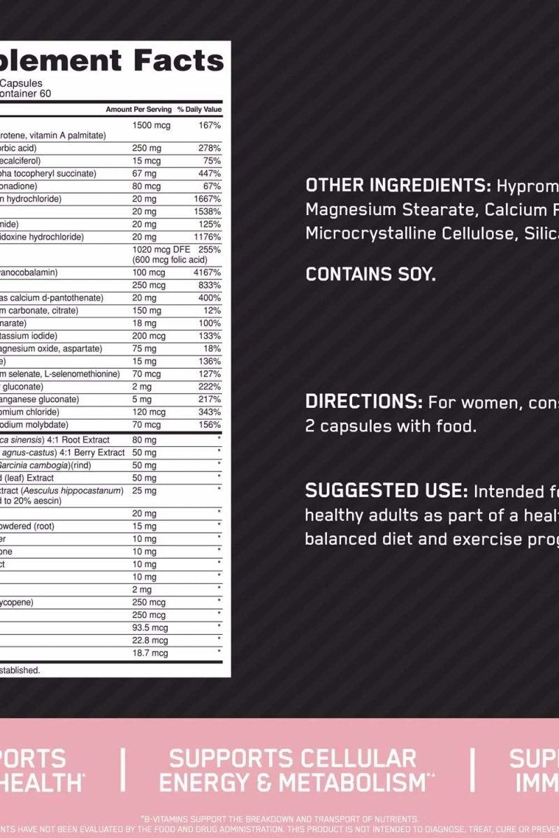Optimum Nutrition Opti-Women supplement facts panel, featuring ingredients, directions, and suggested use for women.