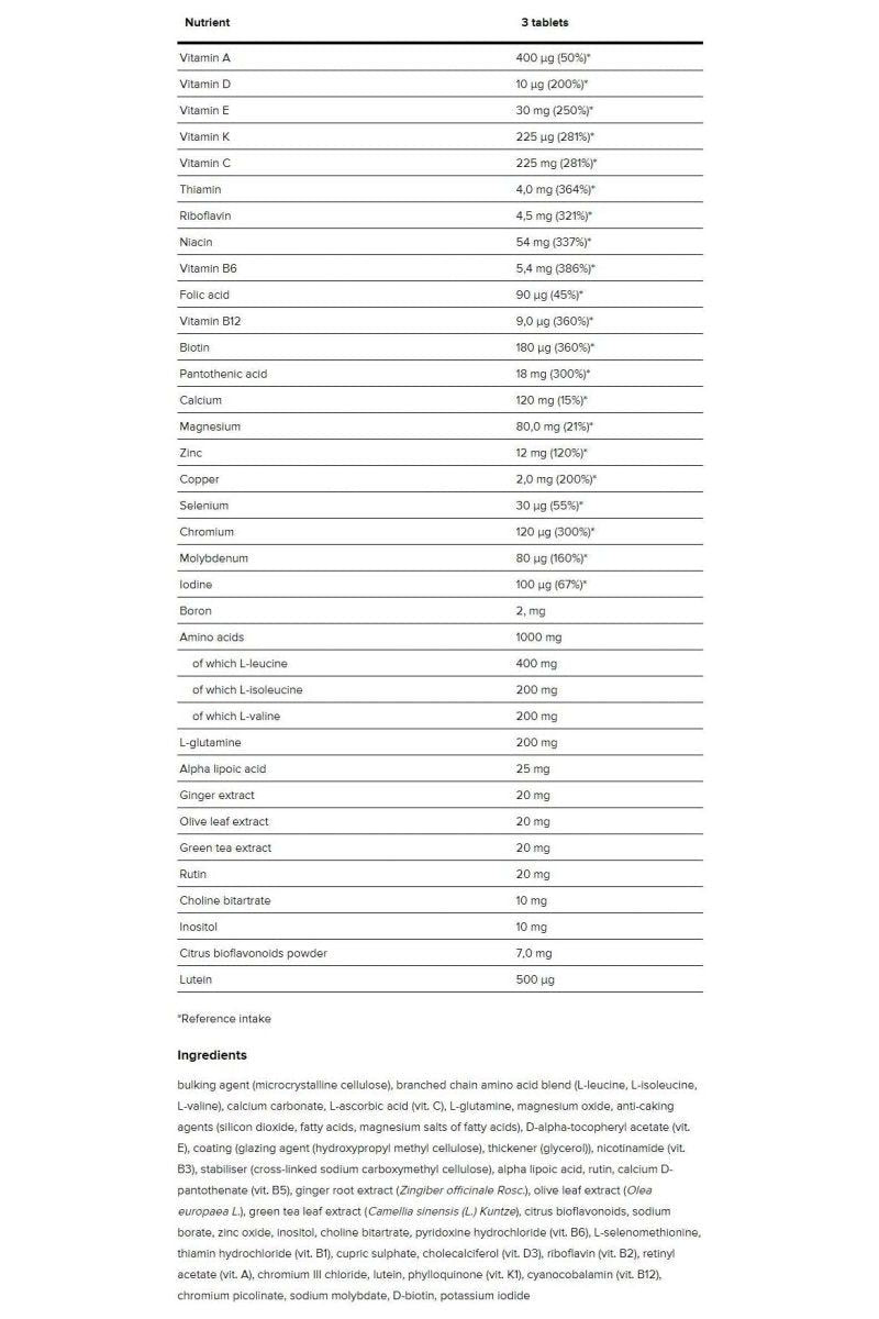 Nutritional information for Optimum Nutrition - Opti-Men supplement, detailing vitamins, minerals, and amino acids per serving.