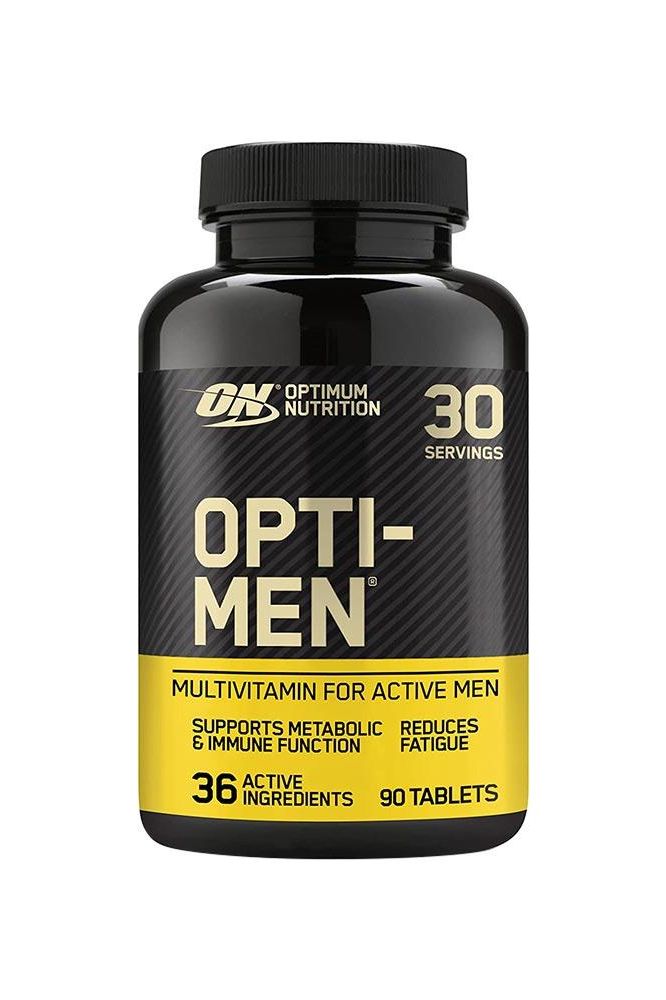Optimum Nutrition Opti-Men multivitamin bottle with 90 tablets for active men, supports metabolic health and reduces fatigue.