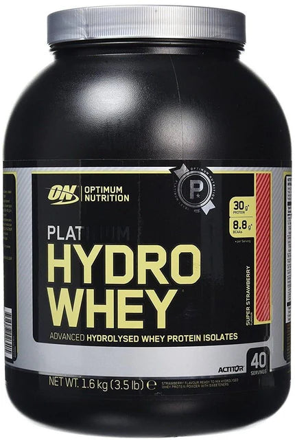 Optimum Nutrition Platinum Hydrowhey protein powder, 30g protein per serving, gluten-free, 1.6kg container.