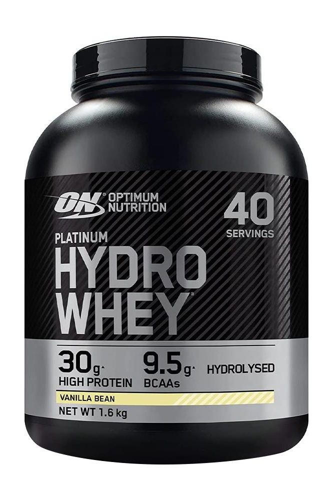 Optimum Nutrition Platinum Hydrowhey protein powder, 30g protein, 9.5g BCAAs, hydrolysed, vanilla bean flavor, 1.6kg.