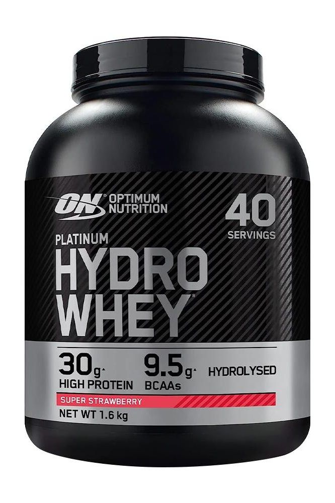 Optimum Nutrition Platinum Hydrowhey protein powder tub with 30g protein and 9.5g BCAAs per serving in Super Strawberry flavor.