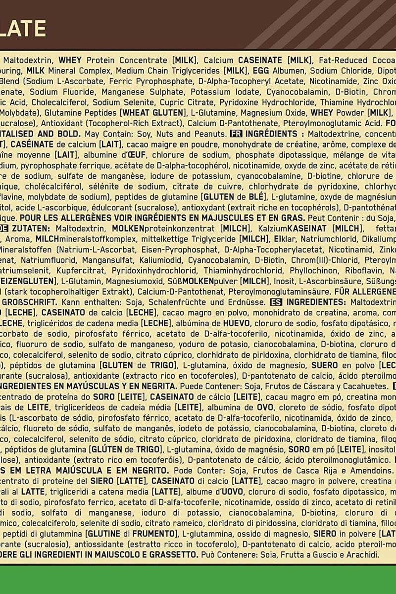 Ingredient list for Optimum Nutrition Serious Mass highlighting proteins, carbohydrates, vitamins, and minerals.