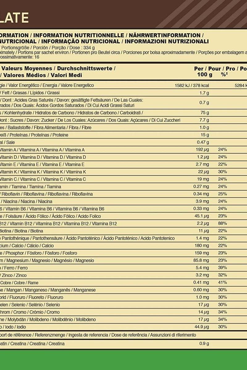 Nutritional information table for Optimum Nutrition Serious Mass, showcasing calories, proteins, carbohydrates, and vitamins.