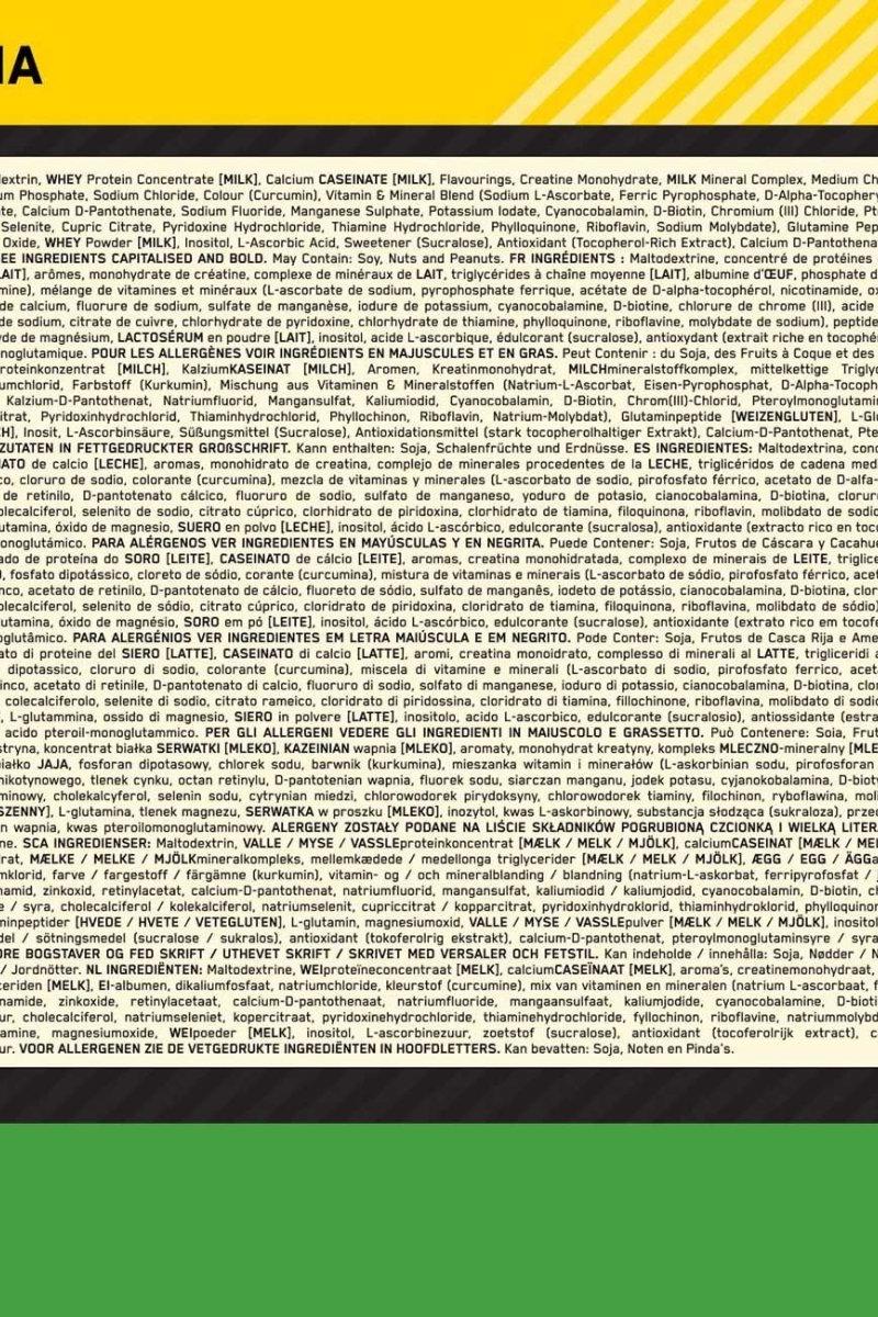 Nutritional information label for Optimum Nutrition Serious Mass highlighting ingredients and dietary details.