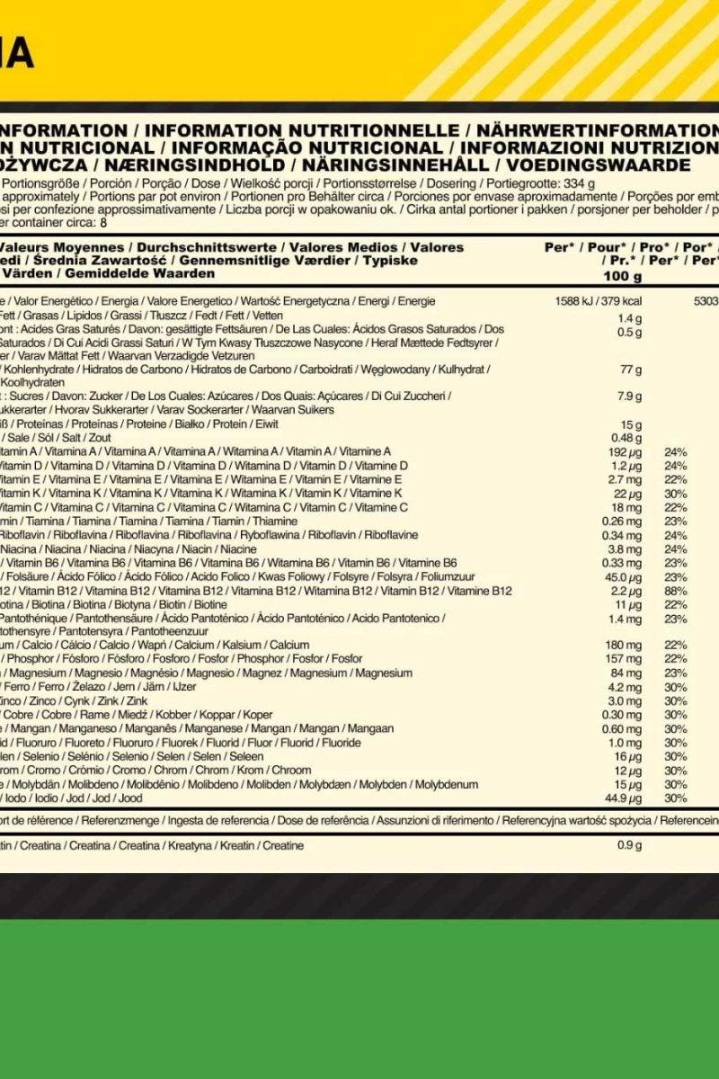 Optimum Nutrition Serious Mass nutritional information panel with calories, proteins, carbohydrates, and vitamins.