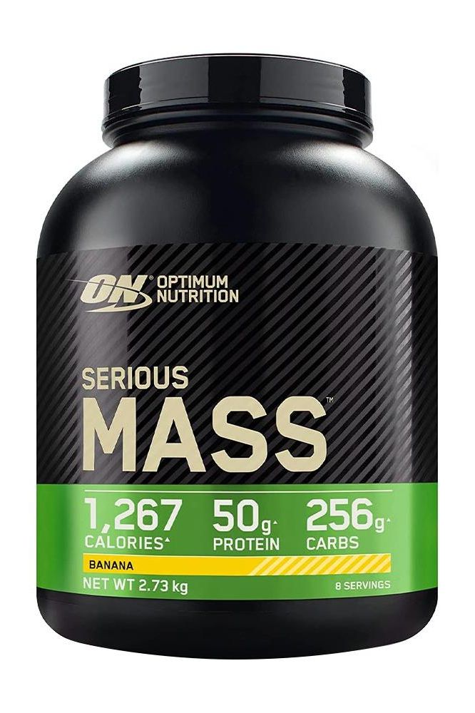 Optimum Nutrition Serious Mass protein powder in banana flavor, 1,267 calories, 50g protein, and 256g carbs per serving.