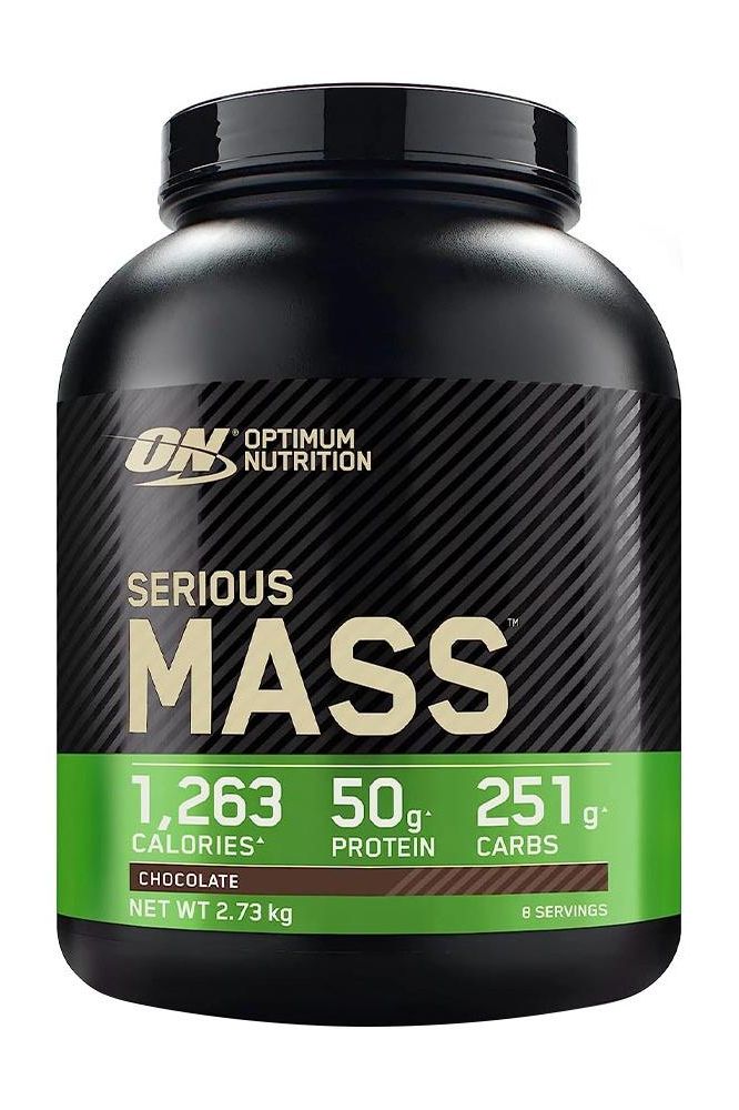 Optimum Nutrition Serious Mass chocolate protein powder with 1263 calories, 50g protein, and 251g carbs per serving.