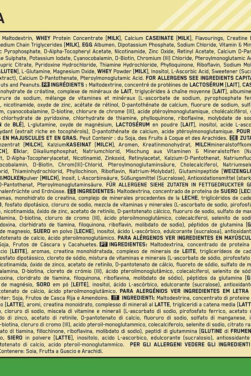 Ingredient list for Optimum Nutrition Serious Mass, highlighting key components and nutritional information.