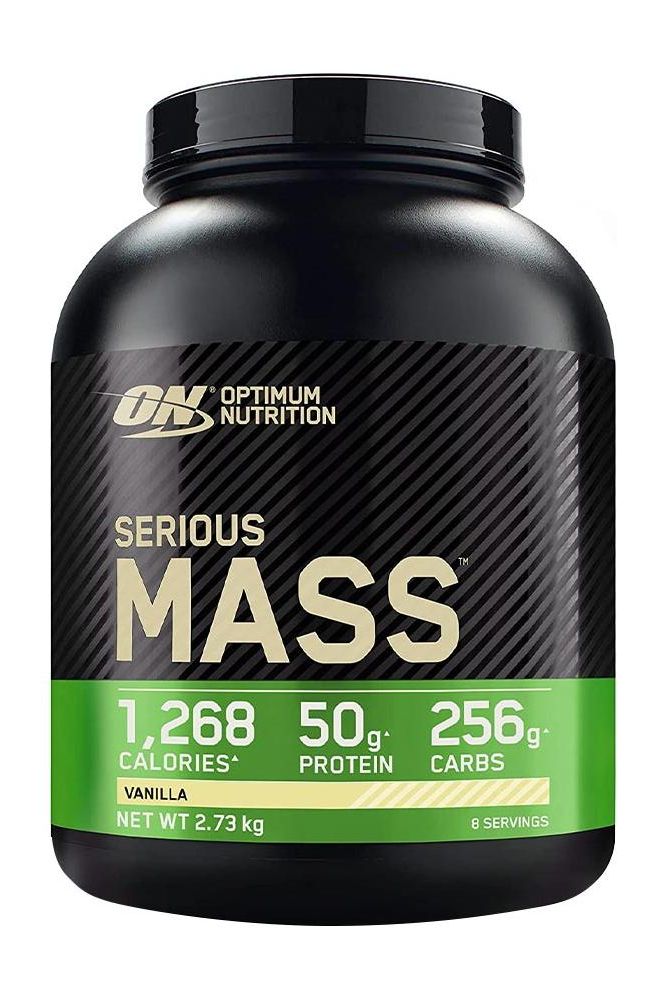 Optimum Nutrition Serious Mass protein powder with 1268 calories, 50g protein, and 256g carbs in vanilla flavor.