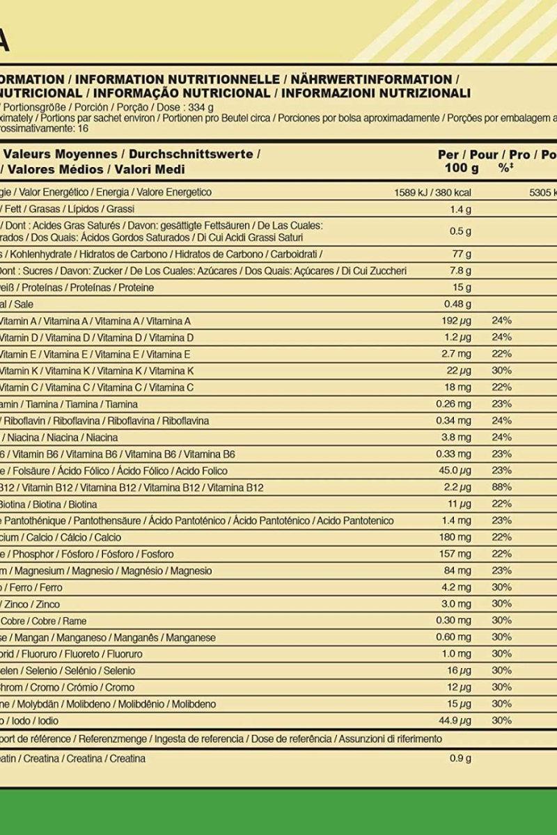 Nutrition facts panel for Optimum Nutrition Serious Mass supplement showing calories, protein, and vitamins.