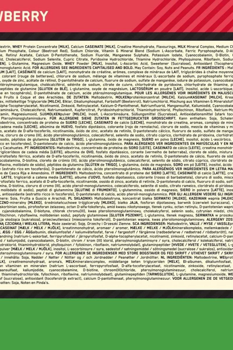 Ingredient list for Optimum Nutrition Serious Mass protein supplement, including flavors and nutritional info.