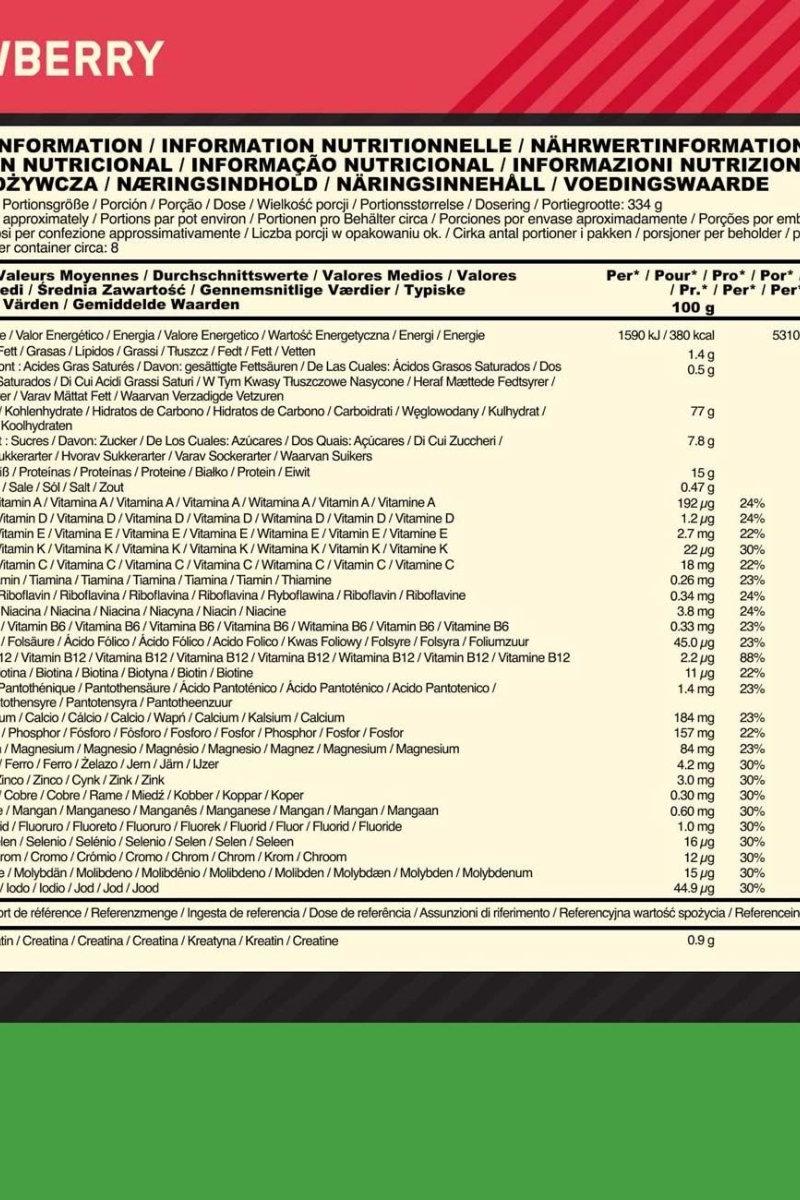 Nutritional information panel for Optimum Nutrition Serious Mass, highlighting calories, protein, and vitamins.