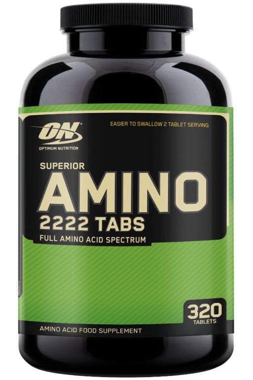 Optimum Nutrition Superior Amino 2222 Tabs bottle, 320 tablets, full amino acid spectrum supplement.