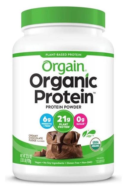 Orgain Organic Protein powder in creamy chocolate fudge flavor, featuring 21g plant-based protein per serving.