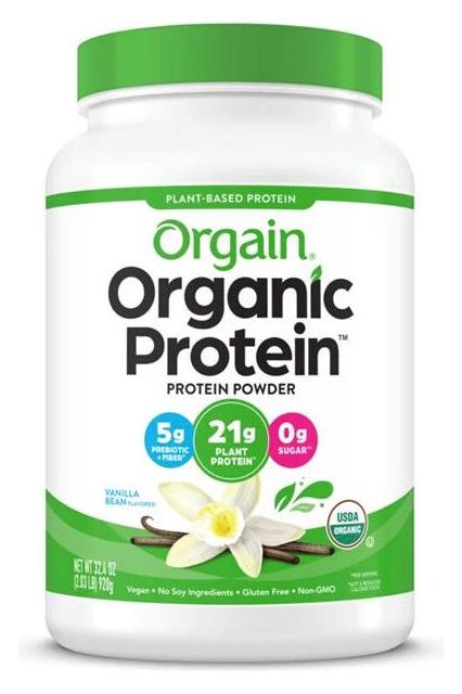Orgain Organic Protein powder container, 21g plant protein per serving, vanilla flavor, USDA organic, gluten-free.