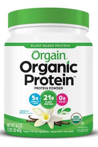 Orgain Organic Protein powder container featuring vanilla flavor, 21g plant protein, gluten-free and non-GMO.