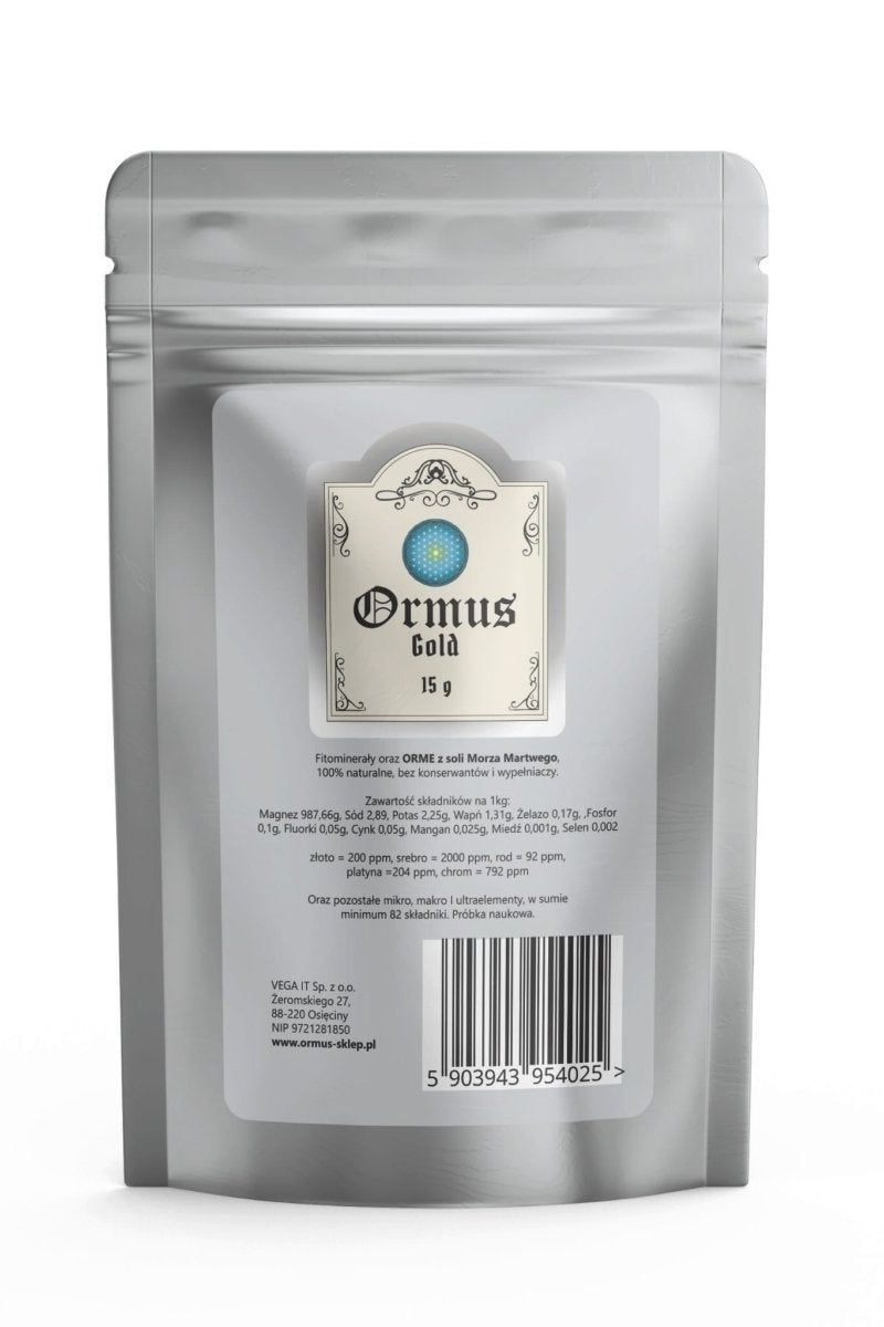Ormus Gold powder package, 15g, featuring essential minerals and a clean, natural formula.