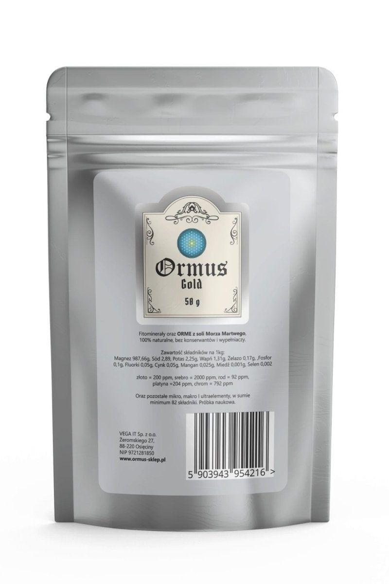 Ormus Gold powder package, 50g, featuring essential minerals and no additives, in a sleek silver pouch.