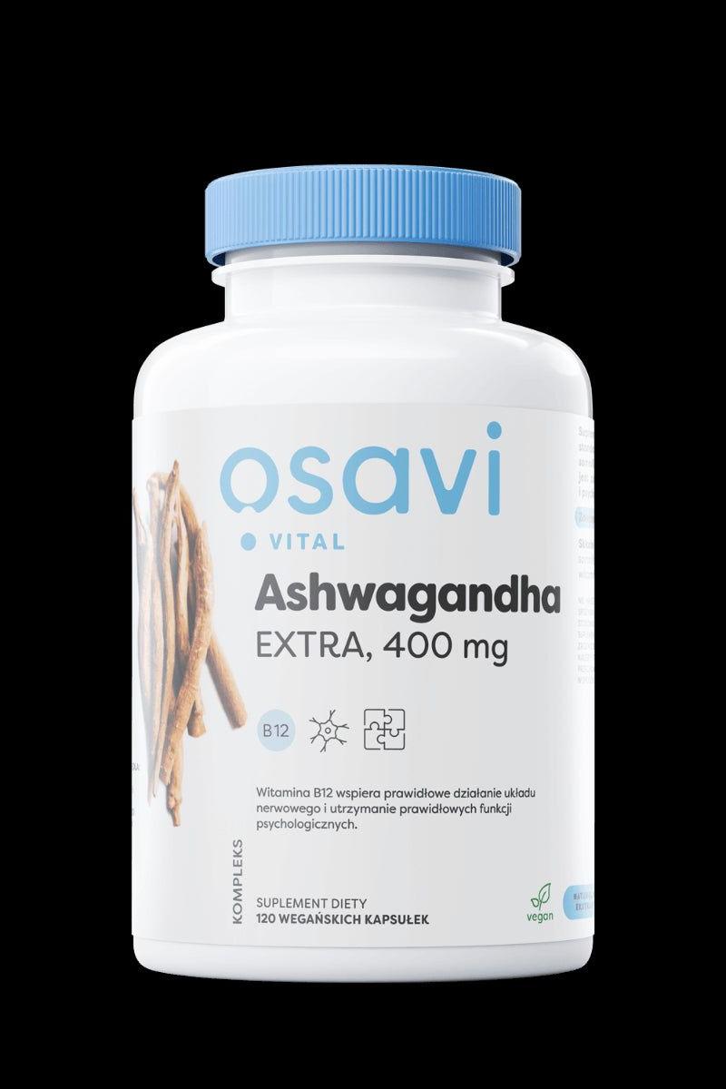 Osavi Ashwagandha Extra, 400 mg supplement bottle with B12 benefits for stress relief and psychological support.