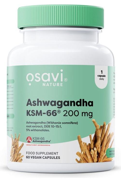 Osavi Ashwagandha KSM-66 200 mg supplement bottle with vegan capsules promoting stress resilience and vitality.