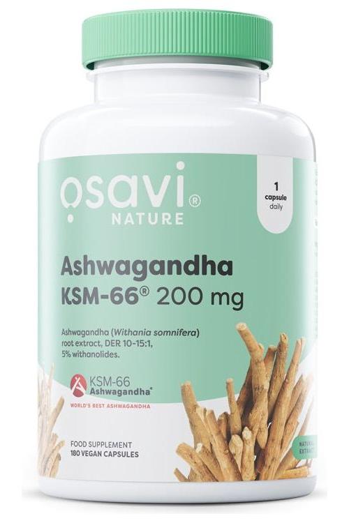 Osavi Ashwagandha KSM-66 200 mg supplement bottle with root extract for stress relief and vitality.