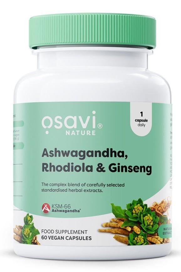 Osavi Ashwagandha, Rhodiola & Ginseng supplement bottle, 60 vegan capsules, herbal extracts blend for wellness.