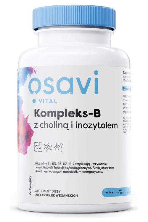 Osavi B-Complex with Choline & Inositol in a vegan capsule supplement bottle.