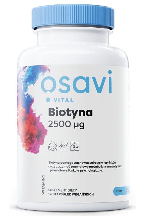 Osavi biotin supplement bottle, vegan capsules for healthy skin and hair, 2500 µg, 120 capsules.