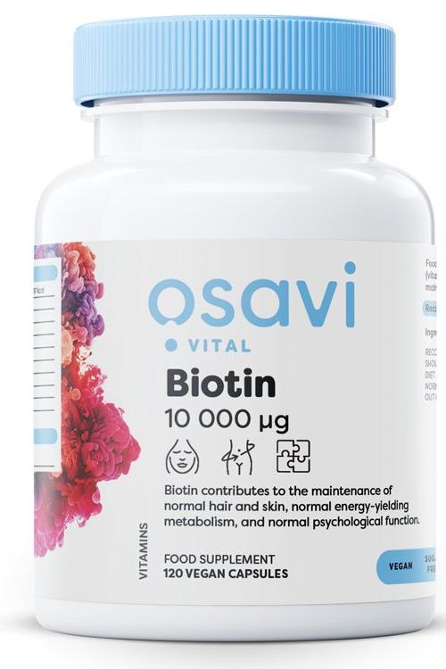 Osavi Biotin supplement bottle with 120 vegan capsules for hair and skin health.