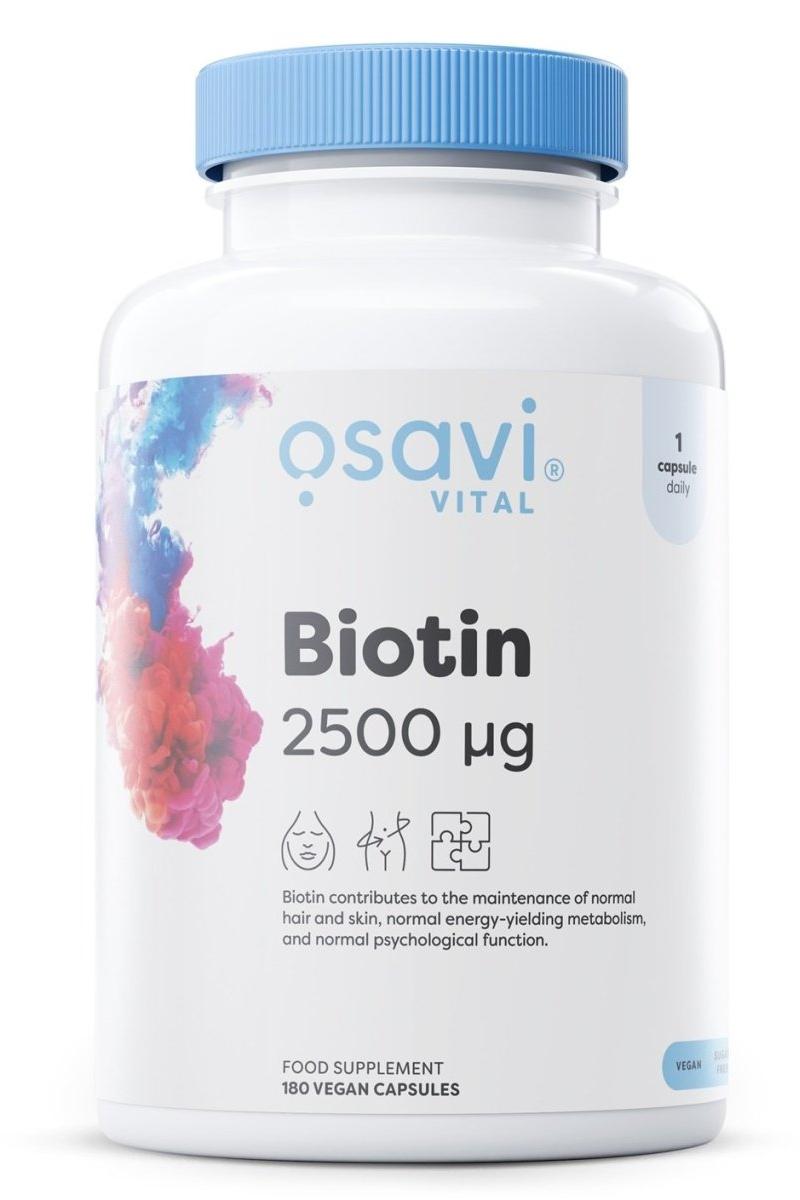 Osavi Biotin supplement bottle containing 2500 µg of biotin, supports hair and skin health, 180 vegan capsules.