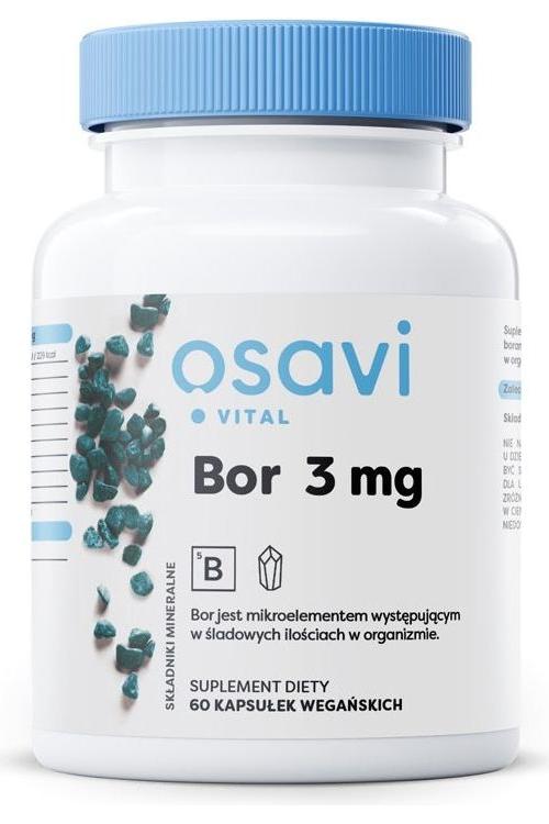 Osavi Bor 3 mg dietary supplement bottle, supports bone health and enhances cognitive function.