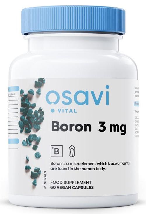 Osavi Boron food supplement bottle with 60 vegan capsules, promoting optimal health and body functions.