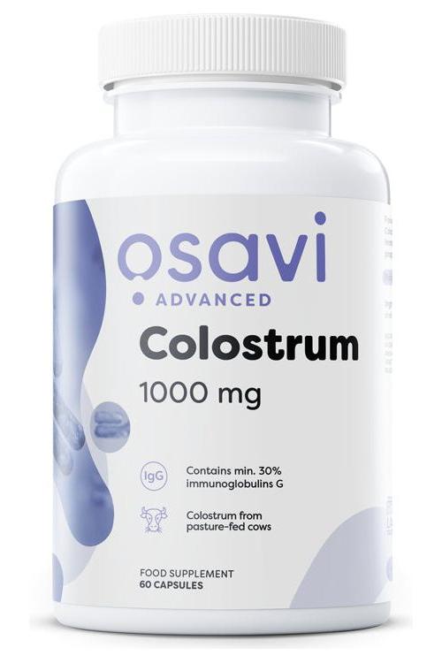 Osavi Colostrum 1000mg bottle, dietary supplement with immunoglobulins for immune support and enhanced recovery.