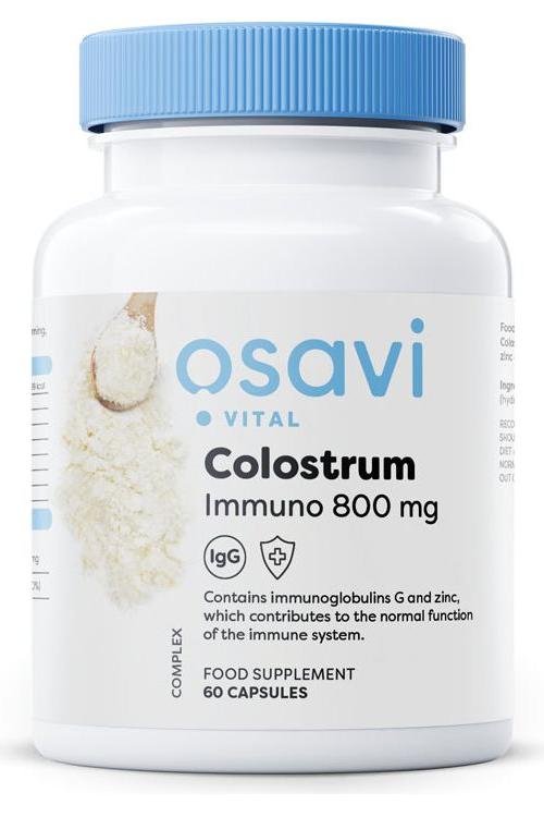 Osavi Colostrum Immuno supplement bottle with 800 mg for immune support and overall health, 60 capsules.